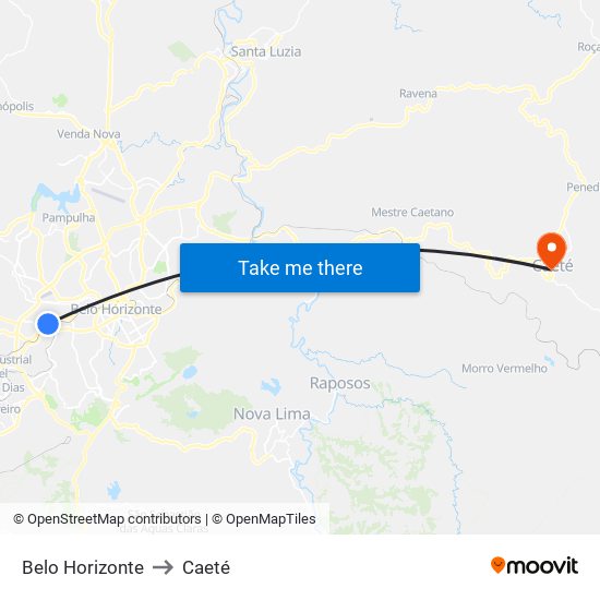 Belo Horizonte to Caeté map