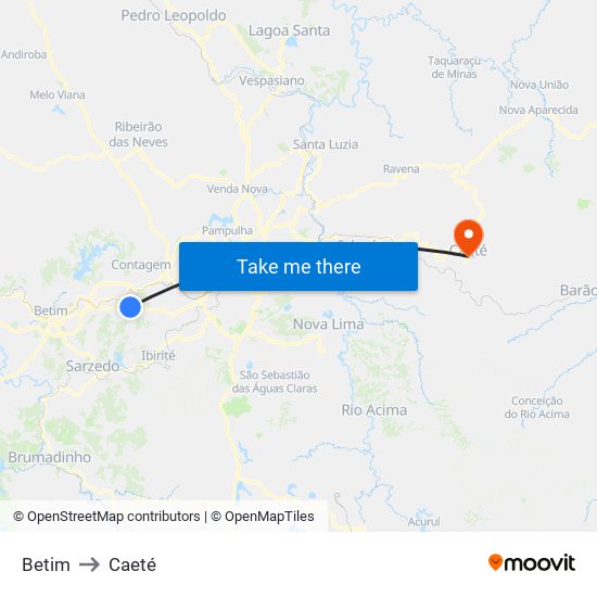 Betim to Caeté map