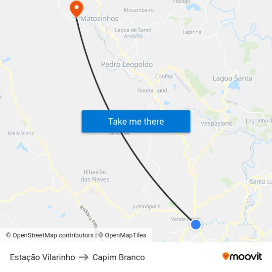Estação Vilarinho to Capim Branco map