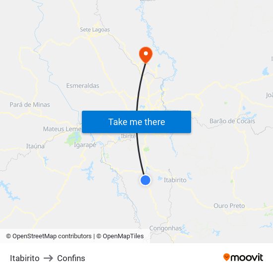 Itabirito to Confins map