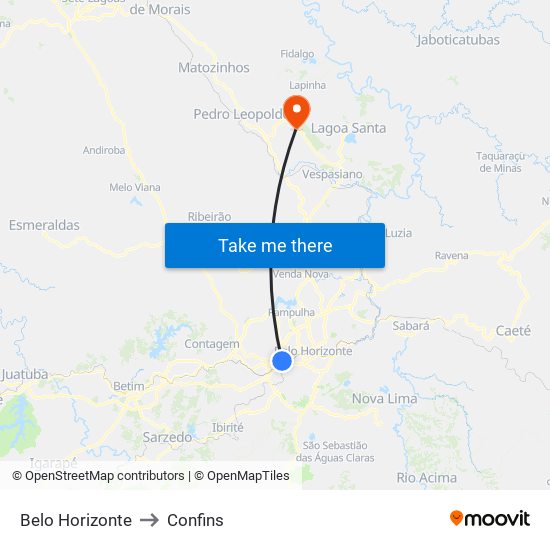 Belo Horizonte to Confins map