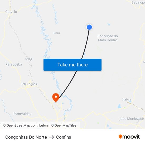 Congonhas Do Norte to Confins map