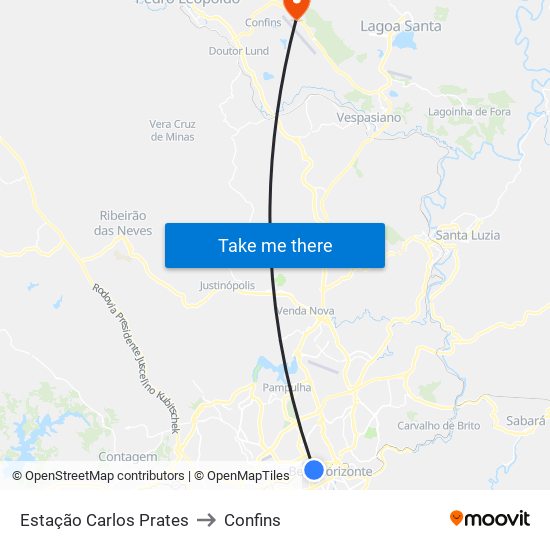 Estação Carlos Prates to Confins map