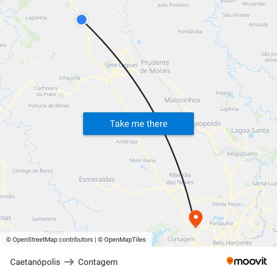 Caetanópolis to Contagem map