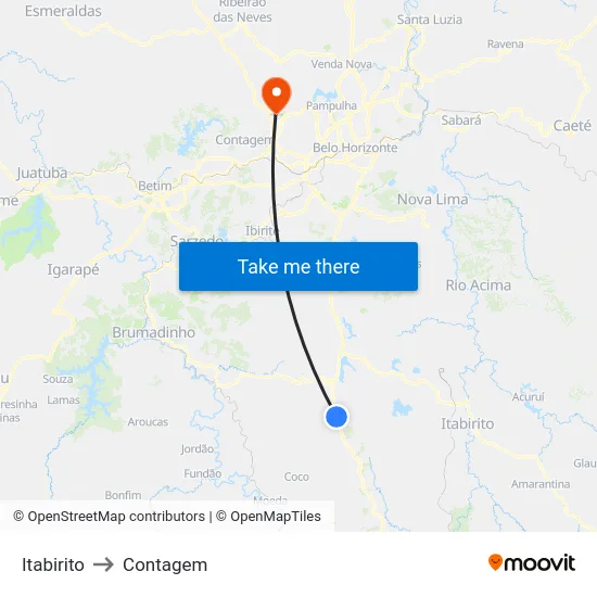 Itabirito to Contagem map