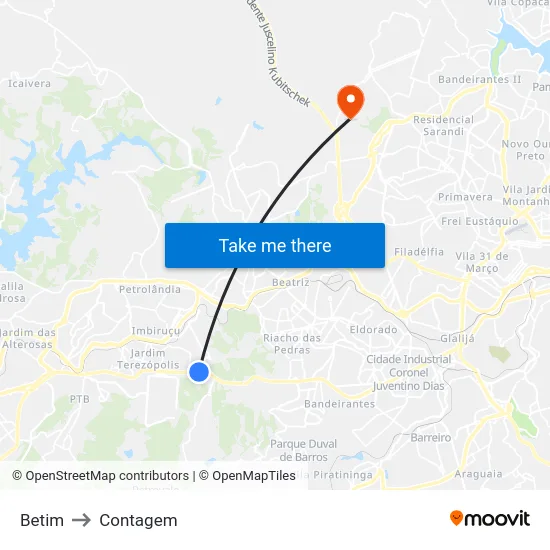 Betim to Contagem map