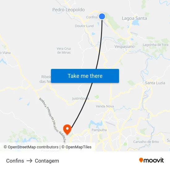 Confins to Contagem map