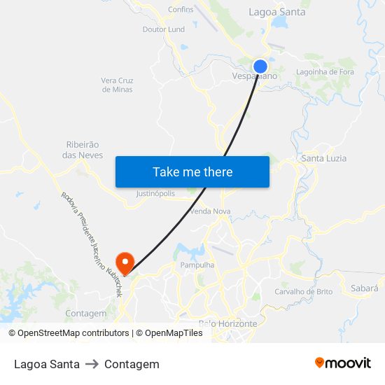 Lagoa Santa to Contagem map