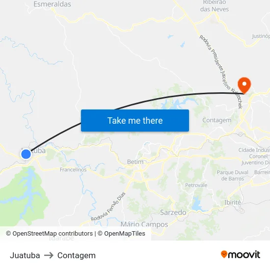 Juatuba to Contagem map
