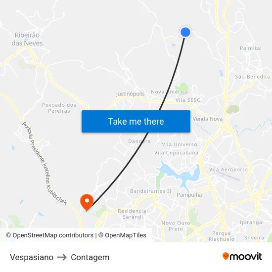Vespasiano to Contagem map