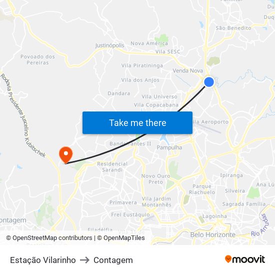 Estação Vilarinho to Contagem map