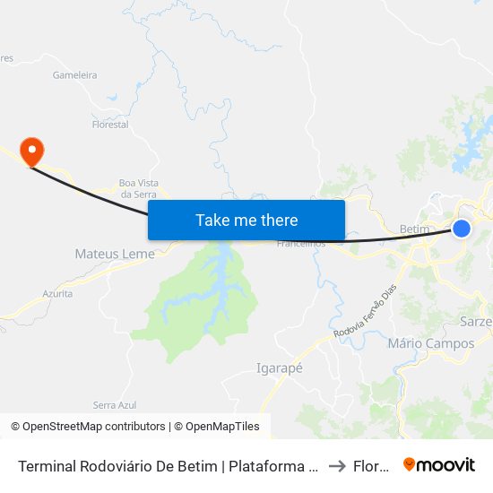 Terminal Rodoviário De Betim | Plataforma B2 - Sentido Bairro to Florestal map