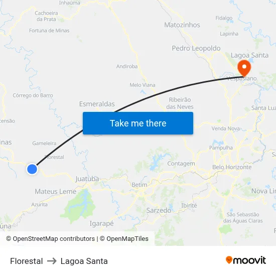 Florestal to Lagoa Santa map