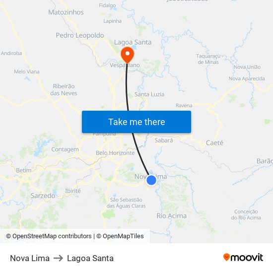 Nova Lima to Lagoa Santa map