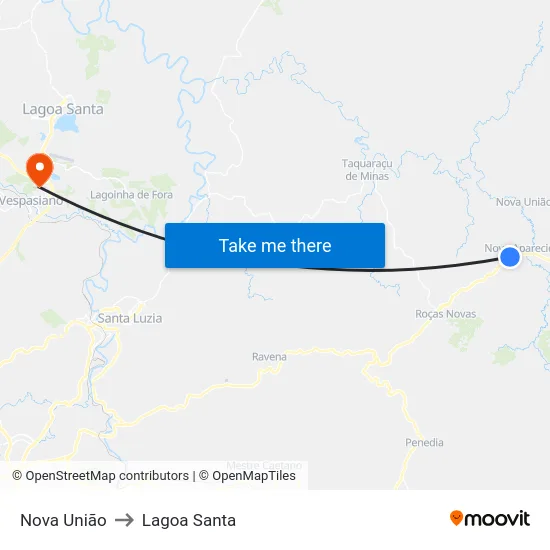 Nova União to Lagoa Santa map