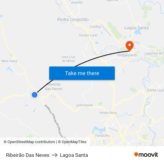 Ribeirão Das Neves to Lagoa Santa map