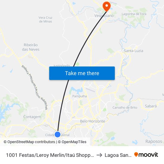 1001 Festas/Leroy Merlin/Itaú Shopping to Lagoa Santa map
