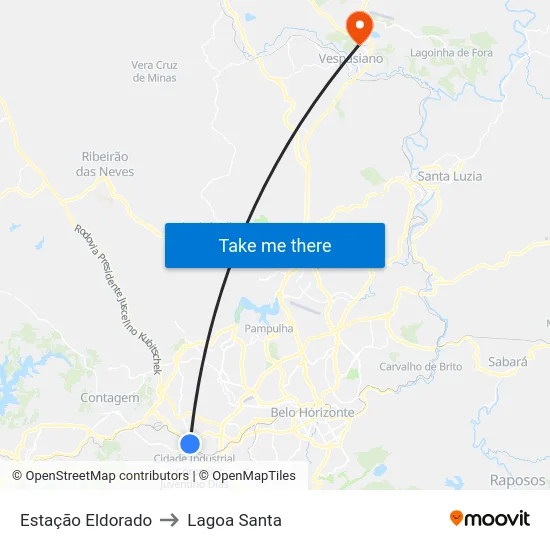 Estação Eldorado to Lagoa Santa map