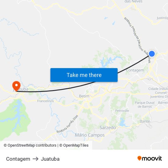 Contagem to Juatuba map