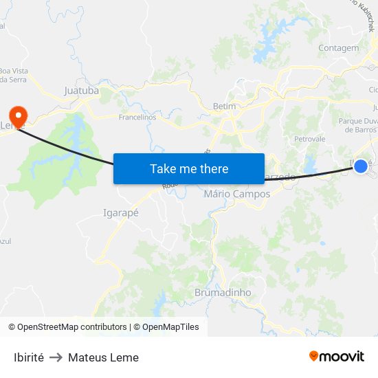 Ibirité to Mateus Leme map