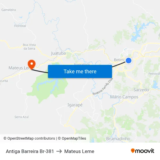 Antiga Barreira Br-381 to Mateus Leme map