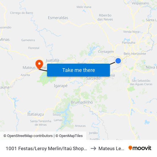 1001 Festas/Leroy Merlin/Itaú Shopping to Mateus Leme map