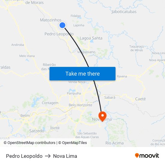 Pedro Leopoldo to Nova Lima map