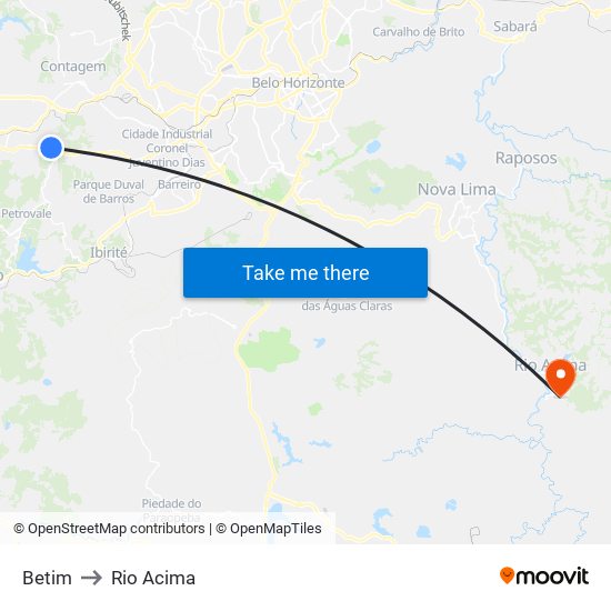 Betim to Rio Acima map