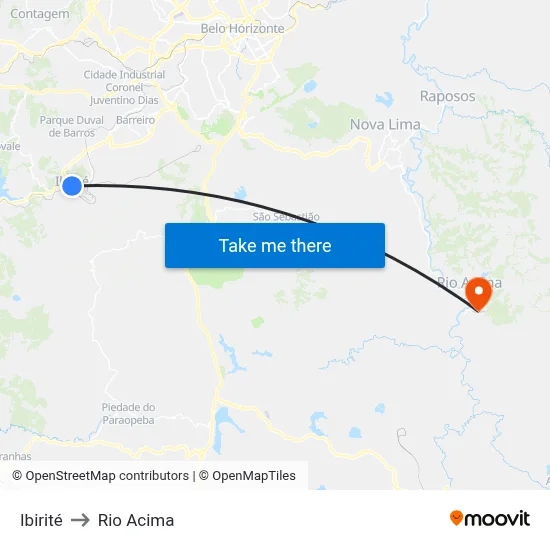 Ibirité to Rio Acima map