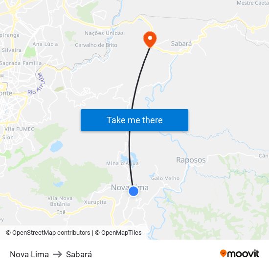 Nova Lima to Sabará map