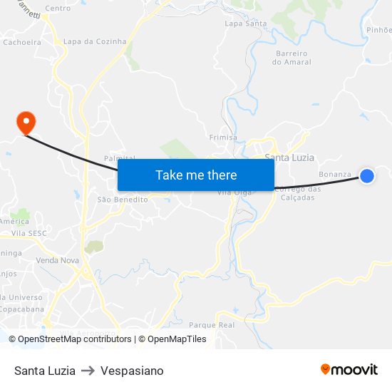Santa Luzia to Vespasiano map