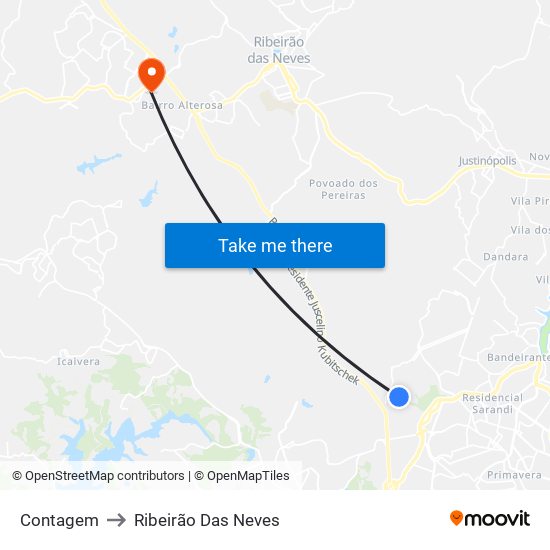 Contagem to Ribeirão Das Neves map