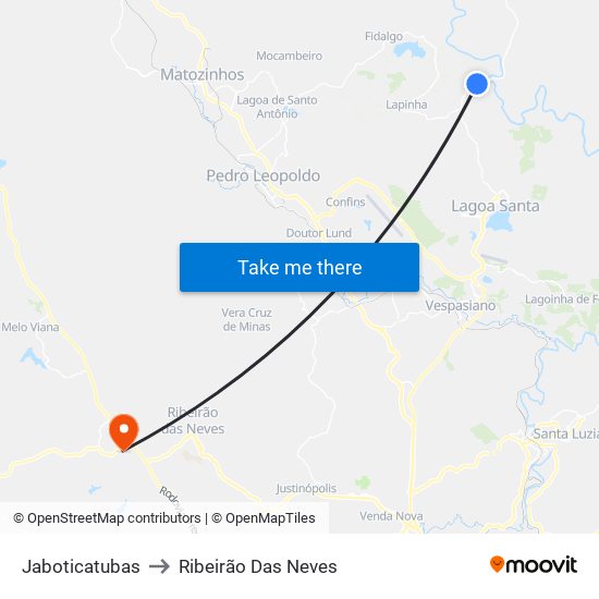 Jaboticatubas to Ribeirão Das Neves map