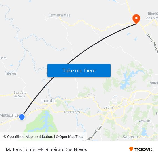 Mateus Leme to Ribeirão Das Neves map