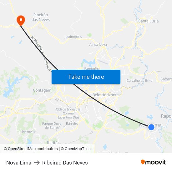 Nova Lima to Ribeirão Das Neves map