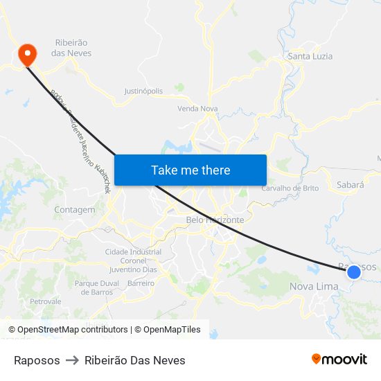 Raposos to Ribeirão Das Neves map