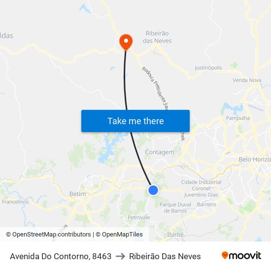 Avenida Do Contorno, 8463 to Ribeirão Das Neves map