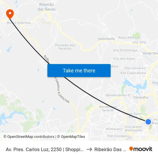 Av. Pres. Carlos Luz, 2250 | Shopping Del Rey 1 to Ribeirão Das Neves map