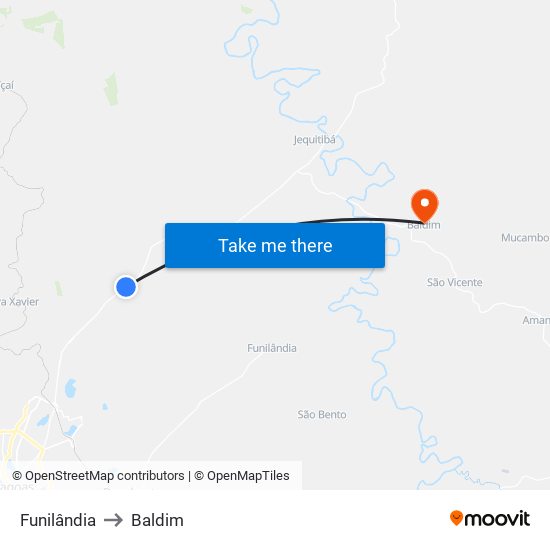 Funilândia to Baldim map