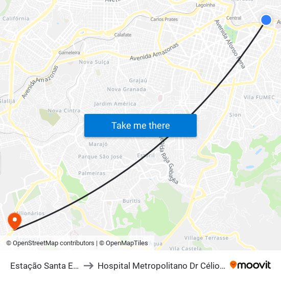 Estação Santa Efigênia to Hospital Metropolitano Dr Célio De Castro map