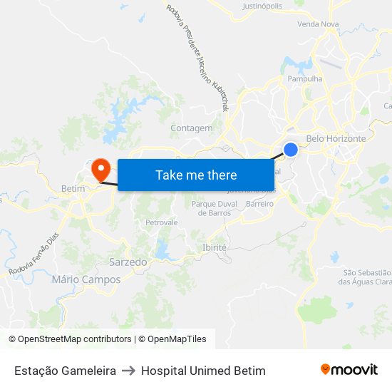 Estação Gameleira to Hospital Unimed Betim map