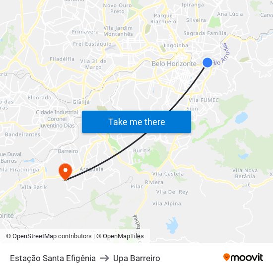 Estação Santa Efigênia to Upa Barreiro map