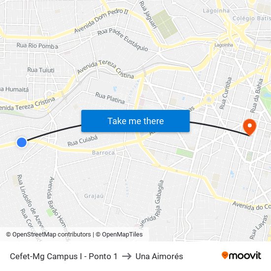 Cefet-Mg Campus I - Ponto 1 to Una Aimorés map