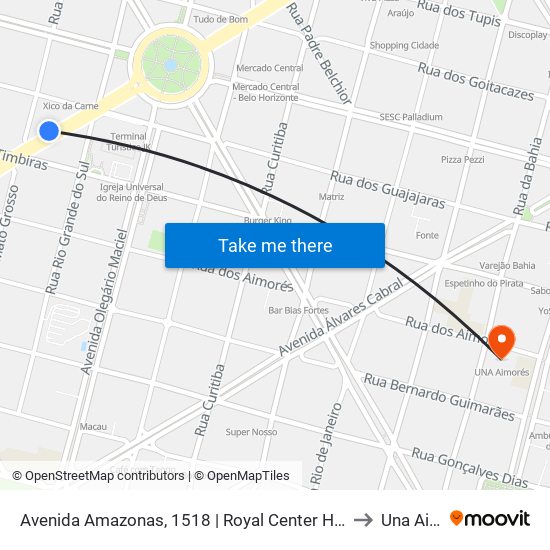 Avenida Amazonas, 1518 | Royal Center Hotel 3 (Auto Maia Veículos) to Una Aimorés map