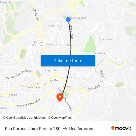 Rua Coronel Jairo Pereira 280 to Una Aimorés map