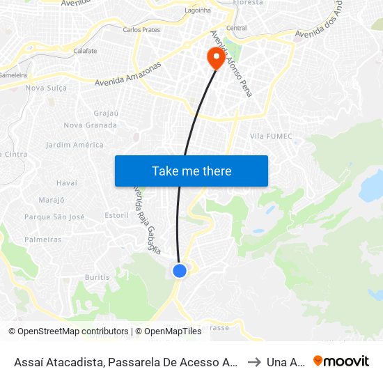 Assaí Atacadista, Passarela De Acesso Ao Bh Shopping | Linhas Bhtrans to Una Aimorés map