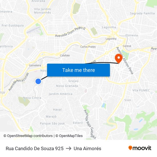 Rua Candido De Souza 925 to Una Aimorés map