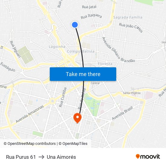 Rua Purus 61 to Una Aimorés map