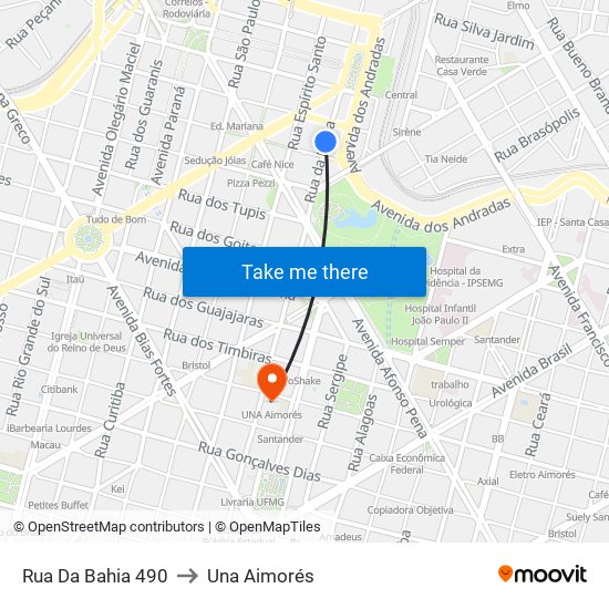 Rua Da Bahia 490 to Una Aimorés map