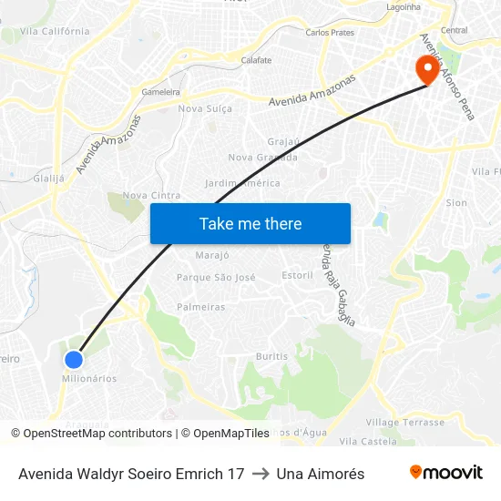 Avenida Waldyr Soeiro Emrich 17 to Una Aimorés map